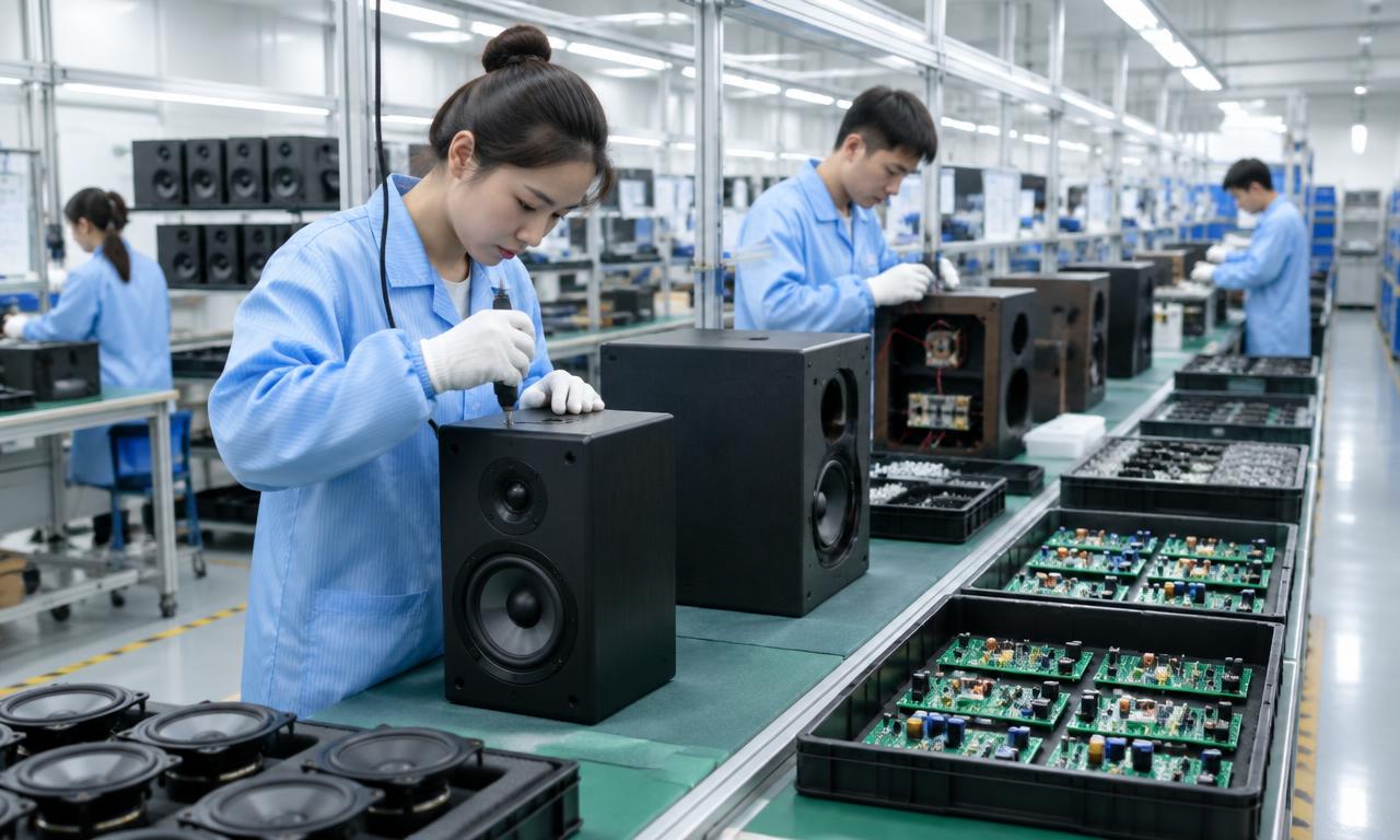 Technicians assembling speaker cabinets